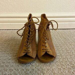 ALDO Brown Perforated Leather Tie Up Open Toe Heeled Booties